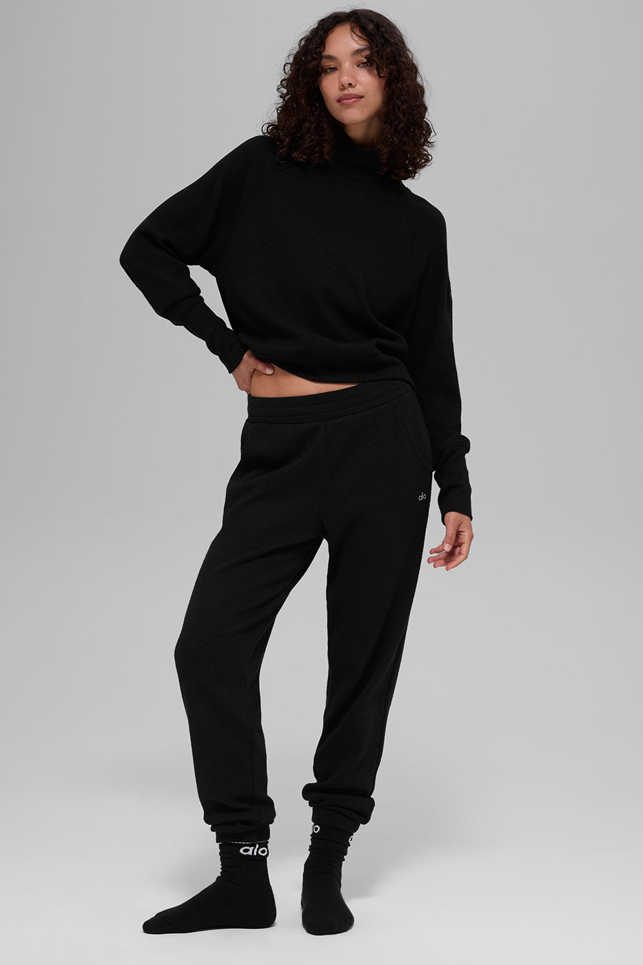 Waffle Weekend Escape Mock Neck Long Sleeve - Black - Image 5